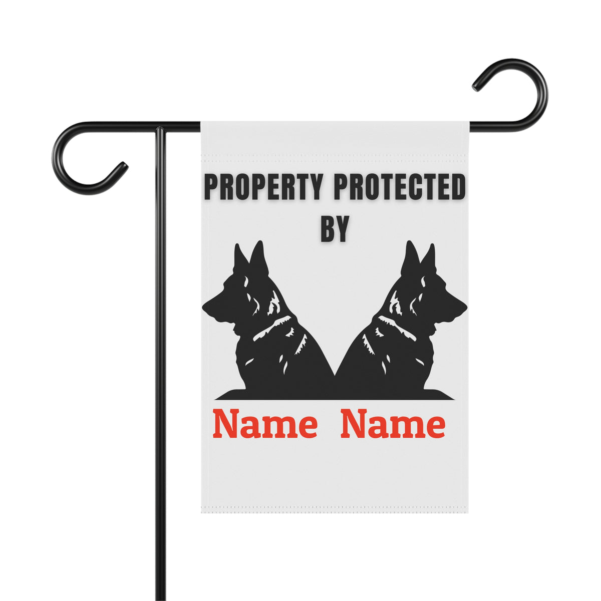 Personalized Property Protected By two German Shepherds garden banner shown on stand, stand not included