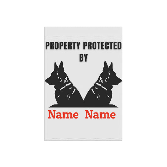 Custom Property Protected By German Shepherd garden flag with two dog silhouettes and names