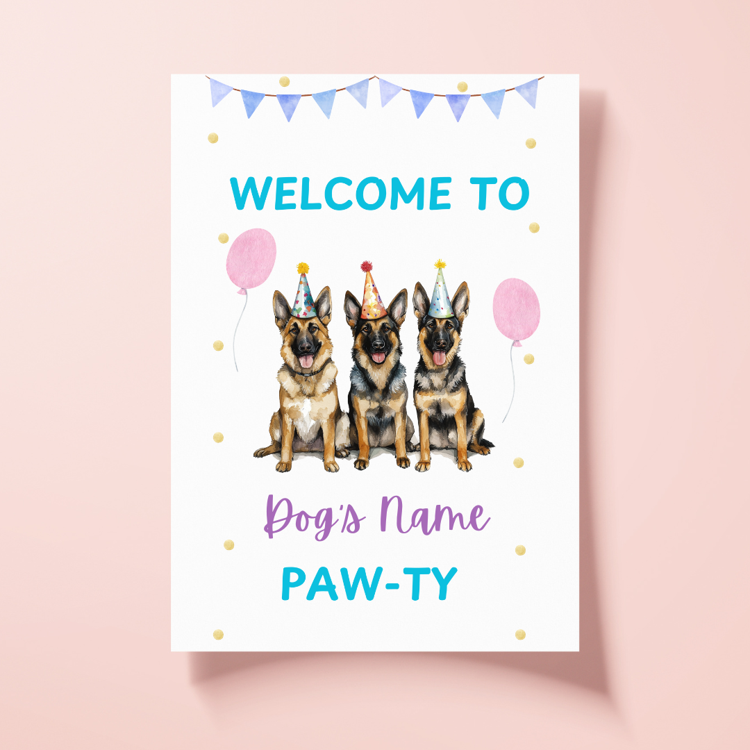 Personalized Welcome To The Paw-ty German Shepherd birthday poster displayed on pink wall