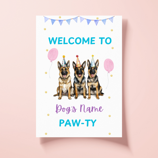 Personalized Welcome To The Paw-ty German Shepherd birthday poster displayed on pink wall