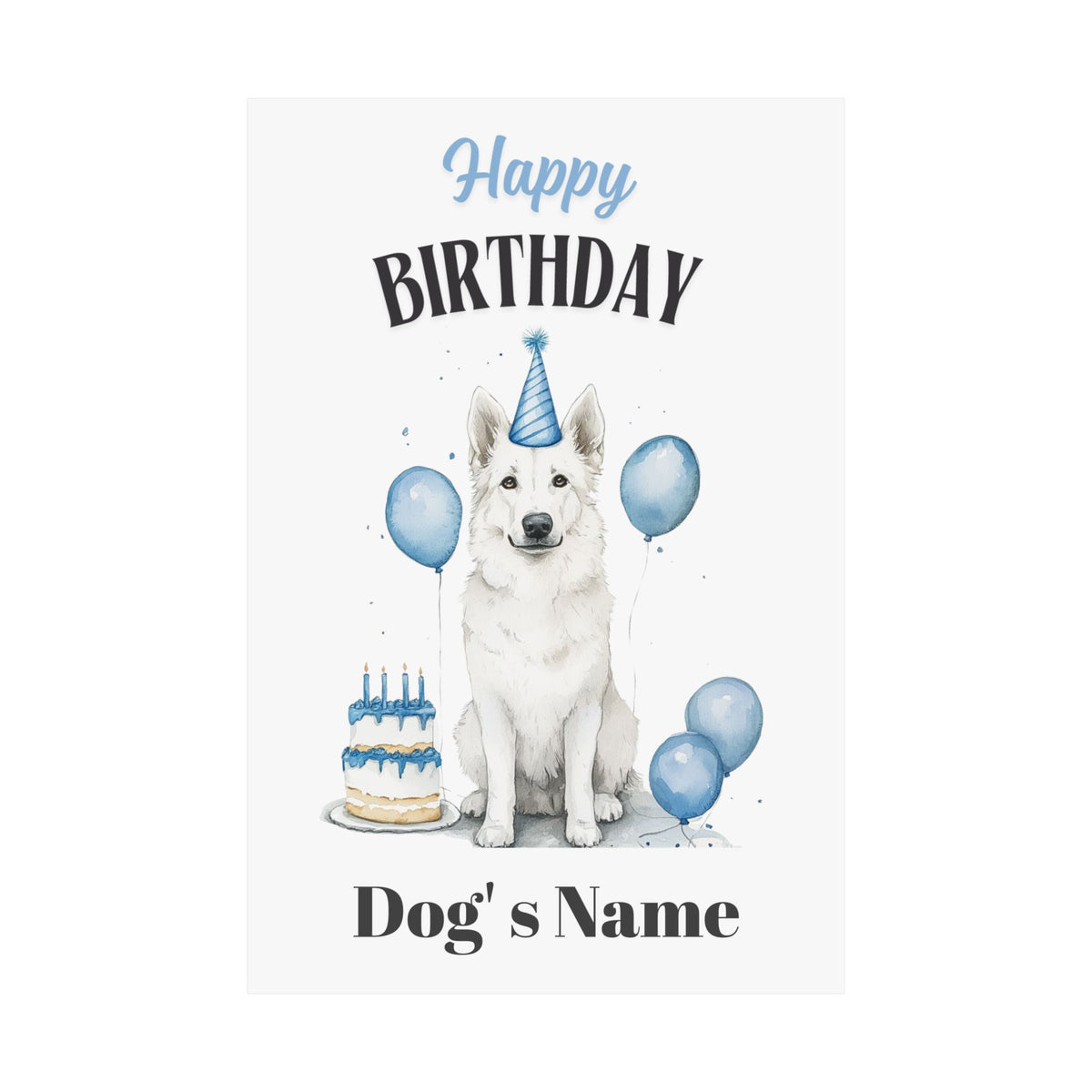Custom white German Shepherd birthday poster with blue balloons and name, flat on white background