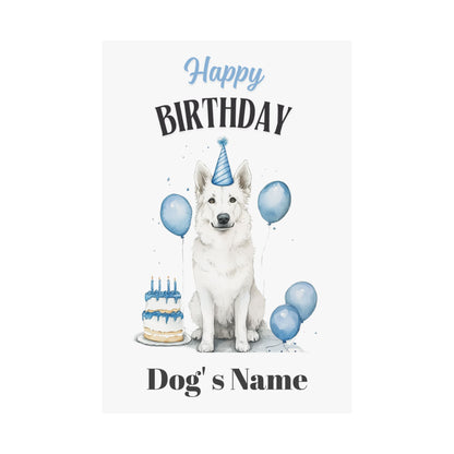 Custom white German Shepherd birthday poster with blue balloons and name, flat on white background