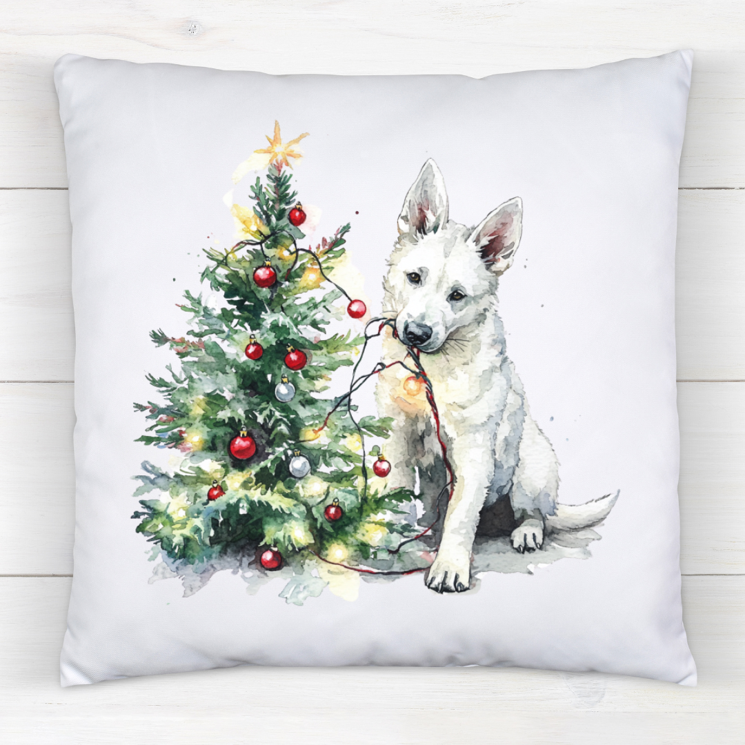 White GSD Christmas Lights Pillow