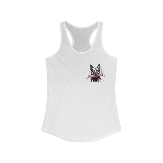 Front of white Pretty In Grip German Shepherd women's racerback tank top