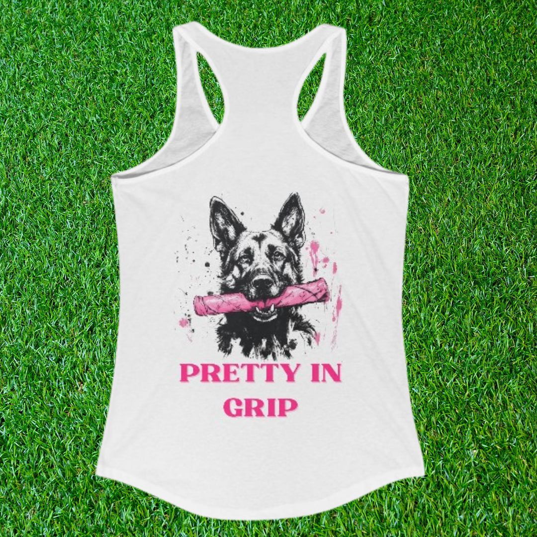 Woman's white racerback tank top with a German Shepherd holding a pink bite tug and the words Pretty In Grip, shown on grass