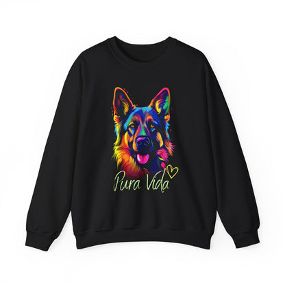 Pura Vida German Shepherd sweatshirt featuring colorful German Shepherd artwork on the front