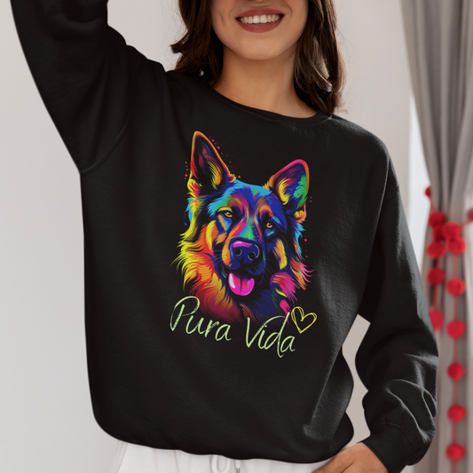 Woman wearing Pura Vida German Shepherd sweatshirt featuring colorful German Shepherd artwork