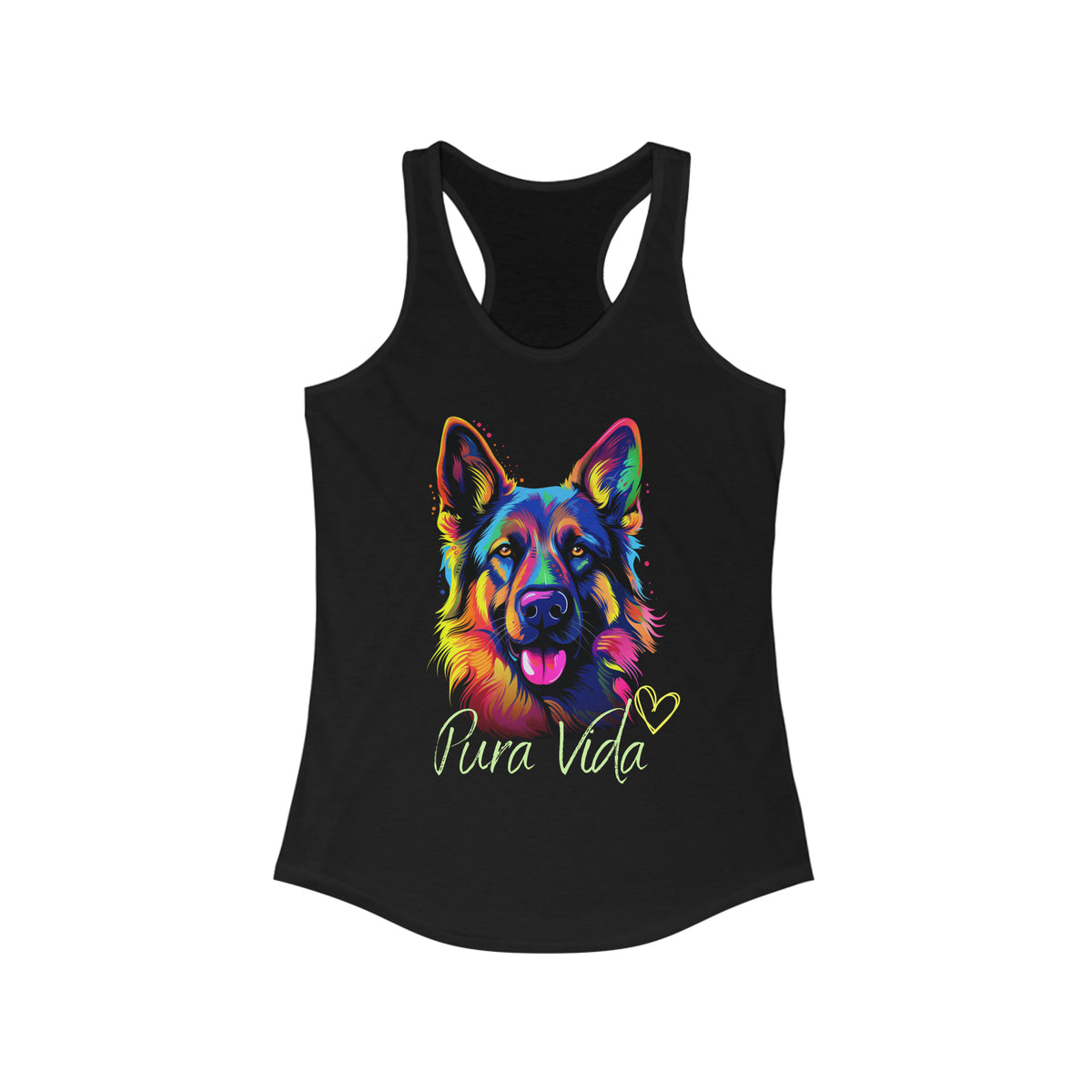 Black women's racerback tank top with colorful neon German Shepherd and Pura Vida script