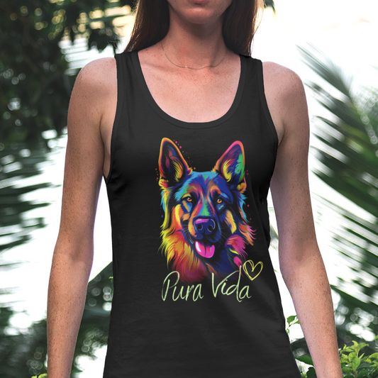 Woman wearing black Pura Vida German Shepherd racerback tank top with rainbow dog art