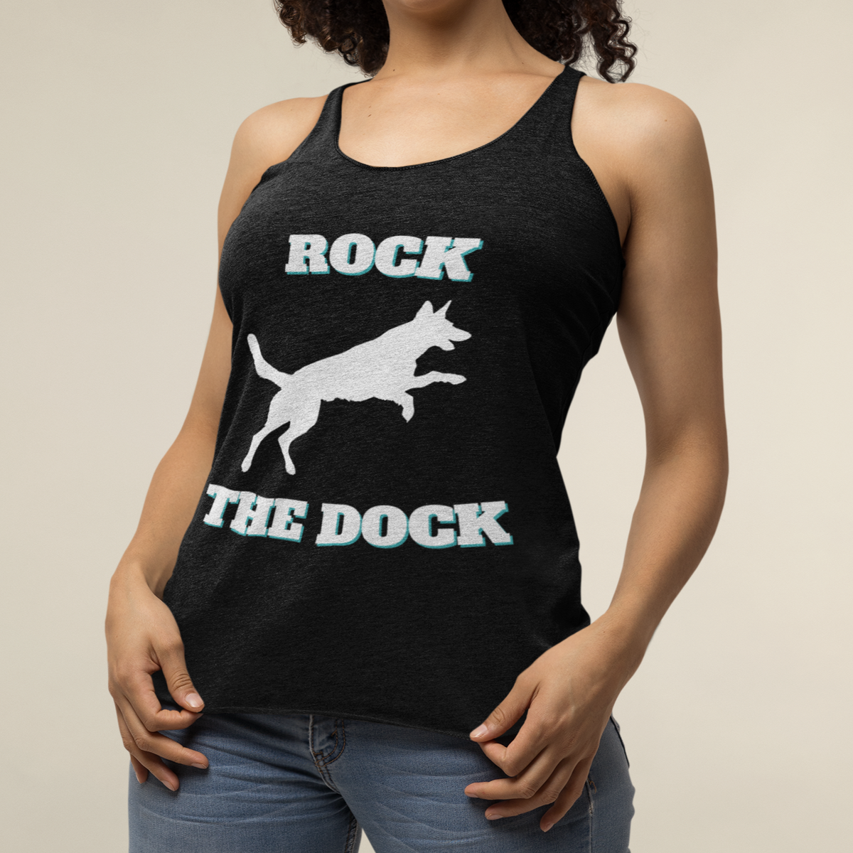 Woman's racerback tank top with a German Shepherd dock diving graphic and the words Rock The Dock