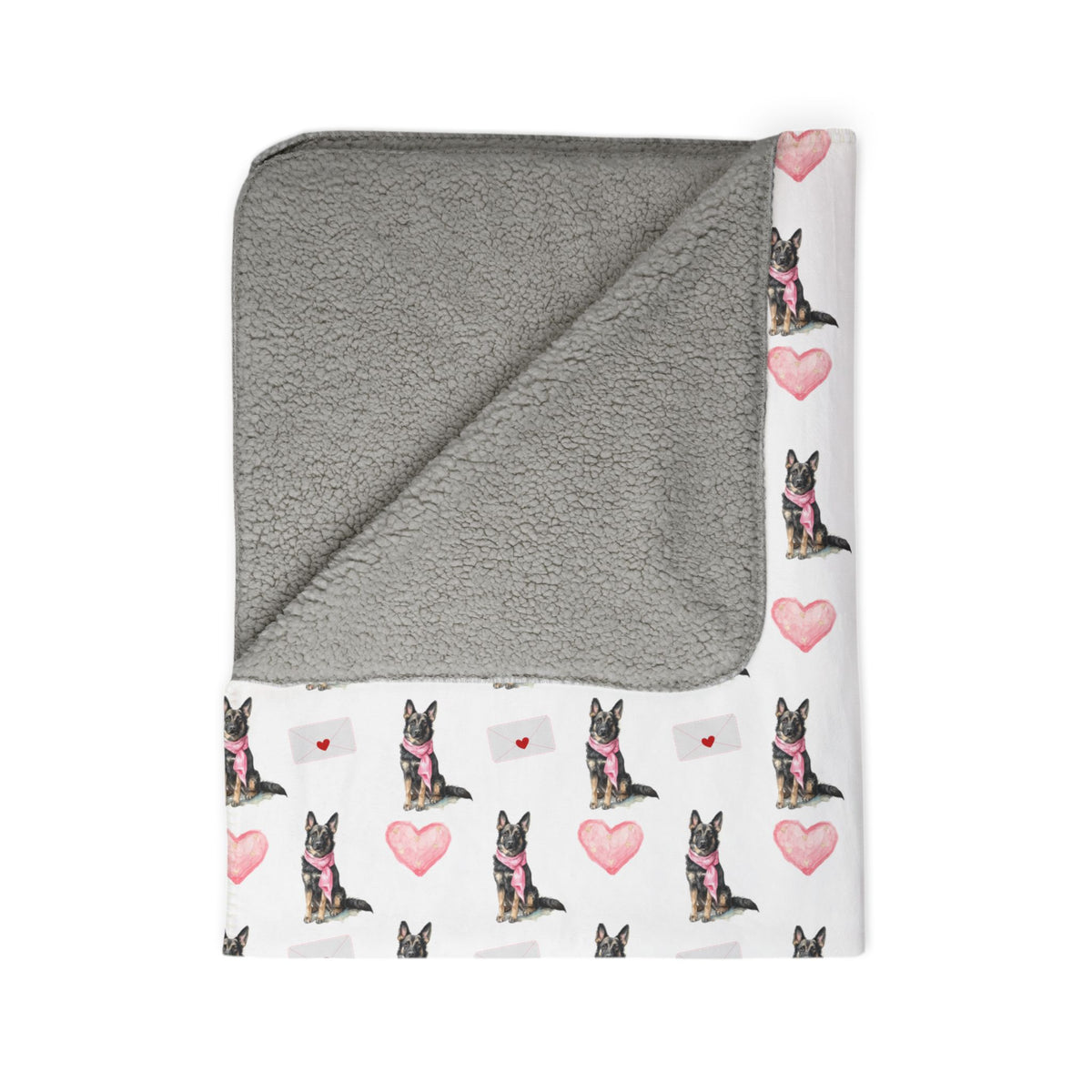 Sable German Shepherd Valentine's blanket with pink hearts folded showing gray backing