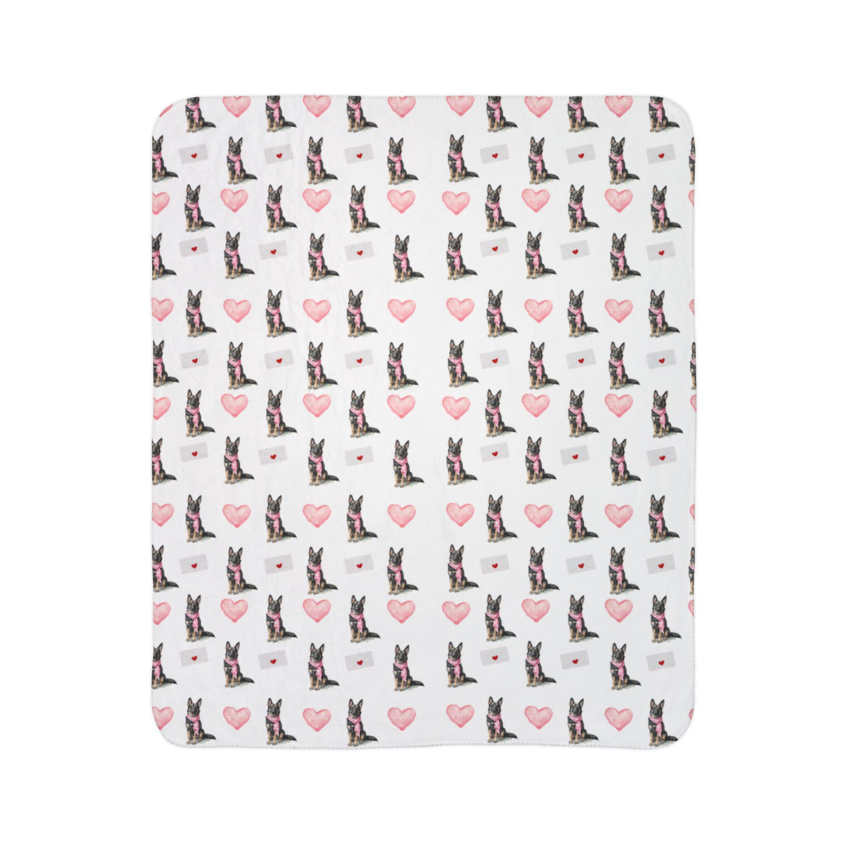 Close-up of sable German Shepherd Valentine's blanket pattern with pink hearts and love letters