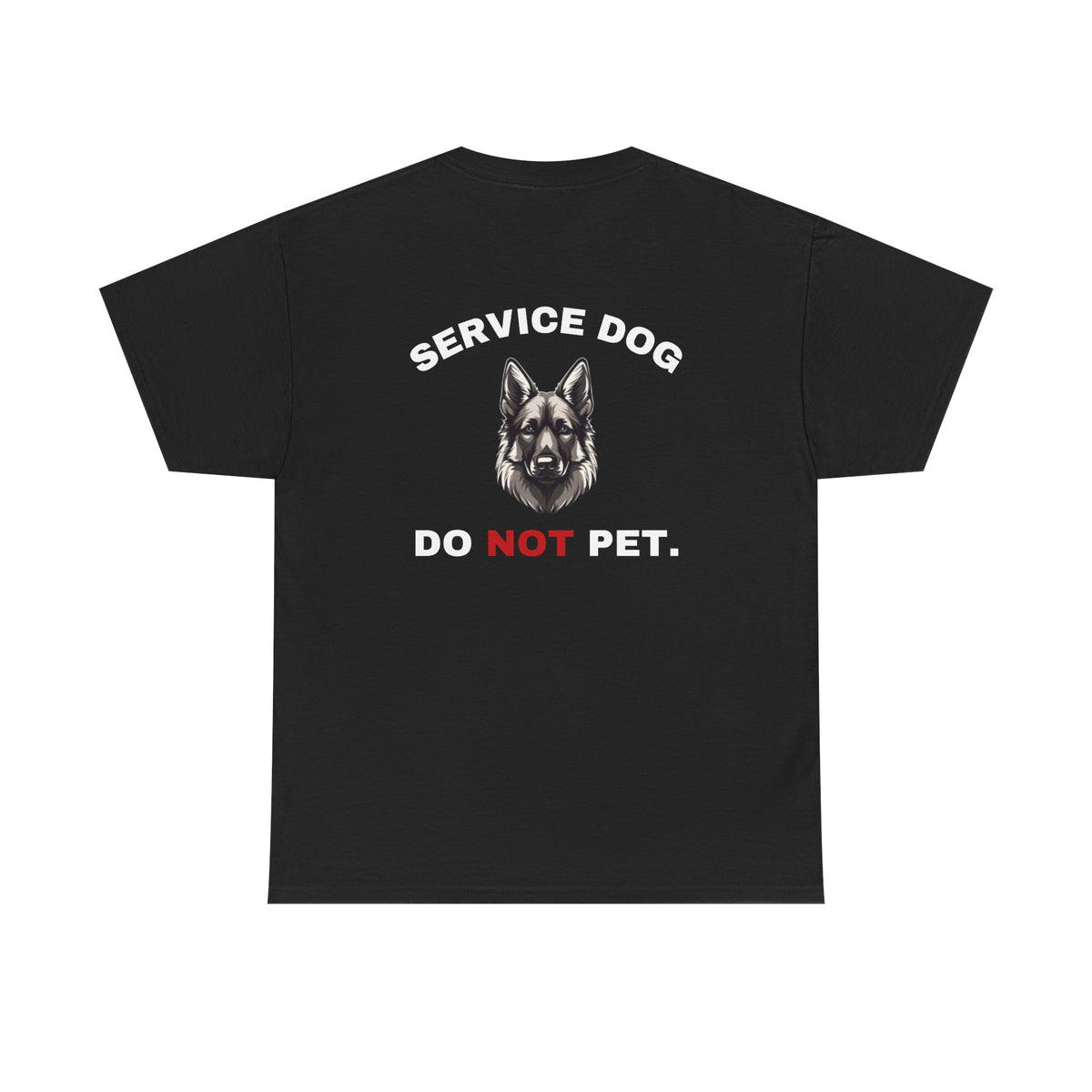 Black t-shirt back print with German Shepherd and Service Dog Do Not Pet text