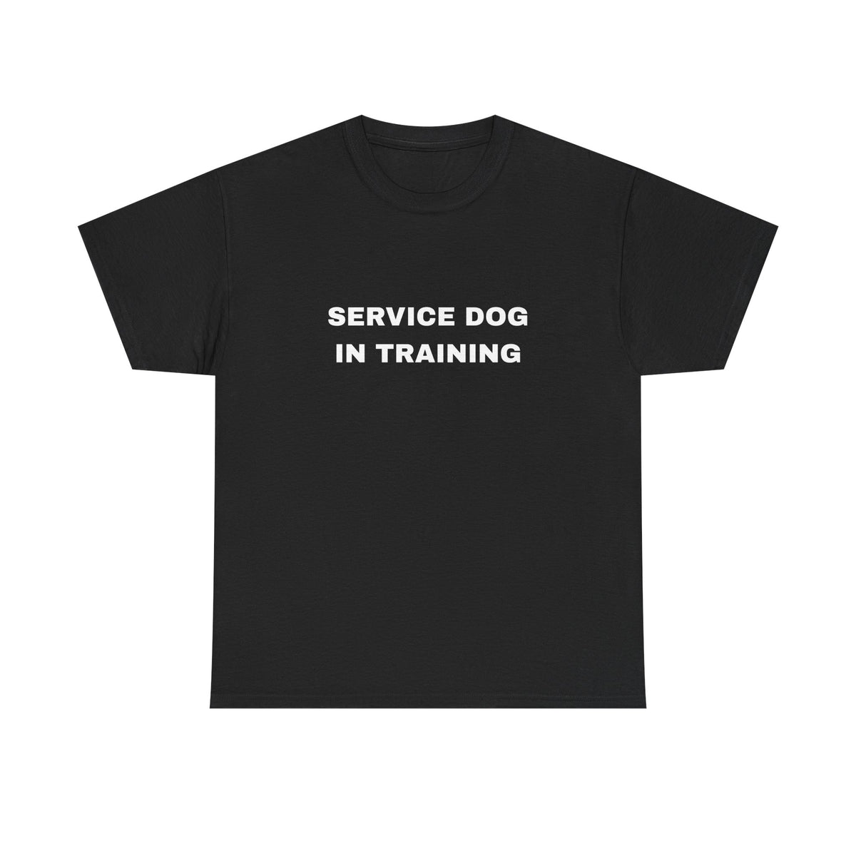 Front of black men's Service Dog In Training t-shirt with small chest text