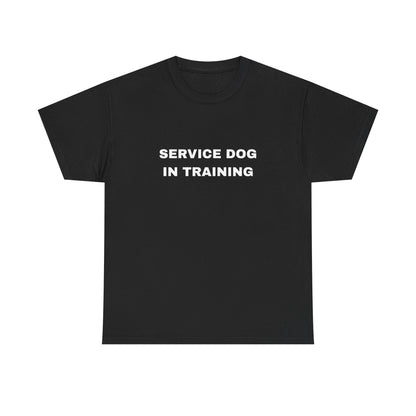 Front of black men's Service Dog In Training t-shirt with small chest text