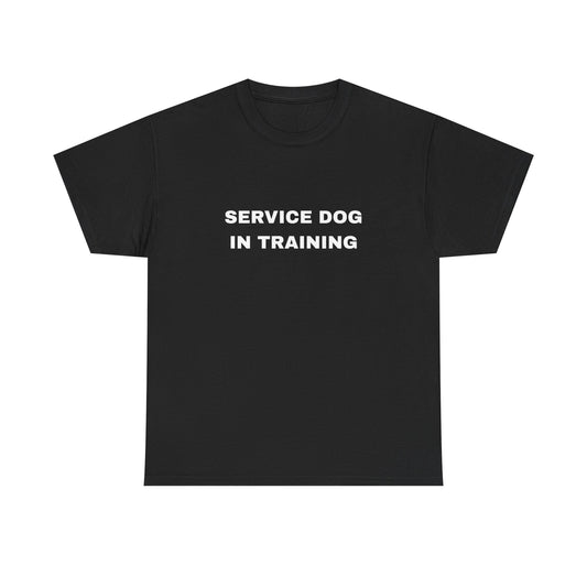 Front of black men's Service Dog In Training t-shirt with small chest text
