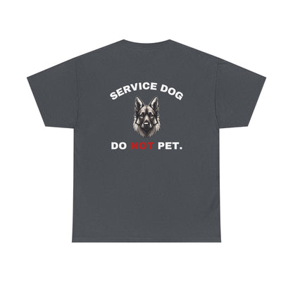 Dark heather t-shirt back print with German Shepherd and Service Dog Do Not Pet text