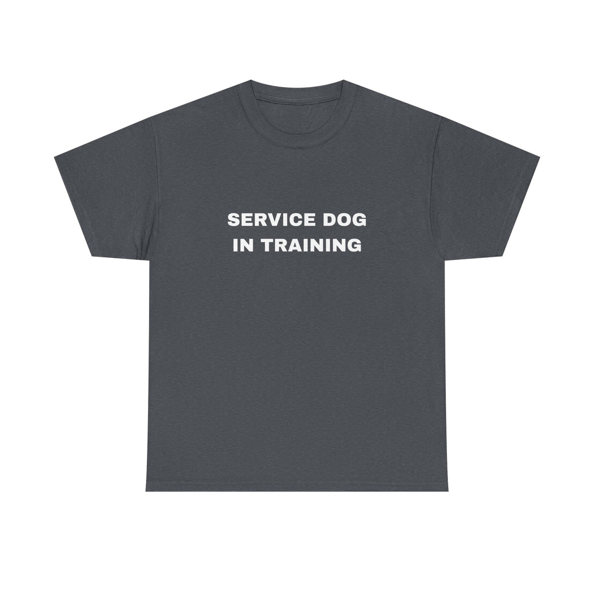 Front of dark heather men's Service Dog In Training t-shirt with small chest text