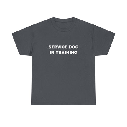Front of dark heather men's Service Dog In Training t-shirt with small chest text