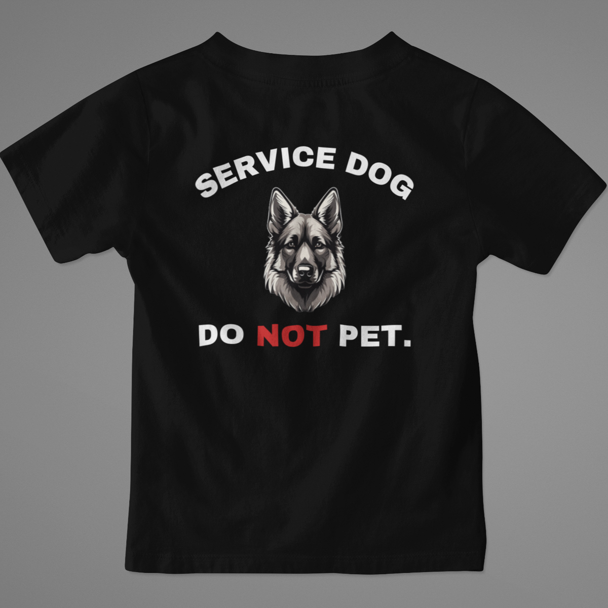 Black men's Service Dog Do Not Pet German Shepherd t-shirt, back print on gray background