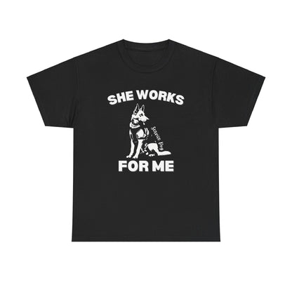 Black She Works For Me German Shepherd service dog t-shirt flat lay on white background