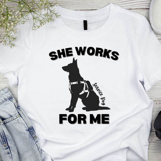 She Works For Me German Shepherd service dog t-shirt laid flat with jeans, styled view