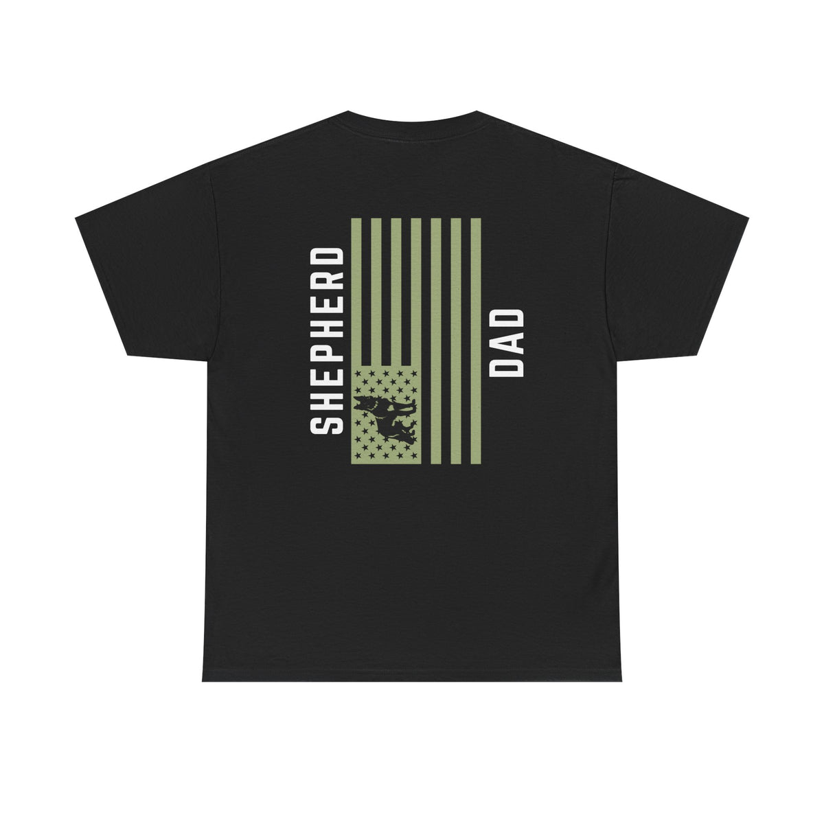 Black t-shirt back print with olive American flag, German Shepherd and Shepherd Dad text