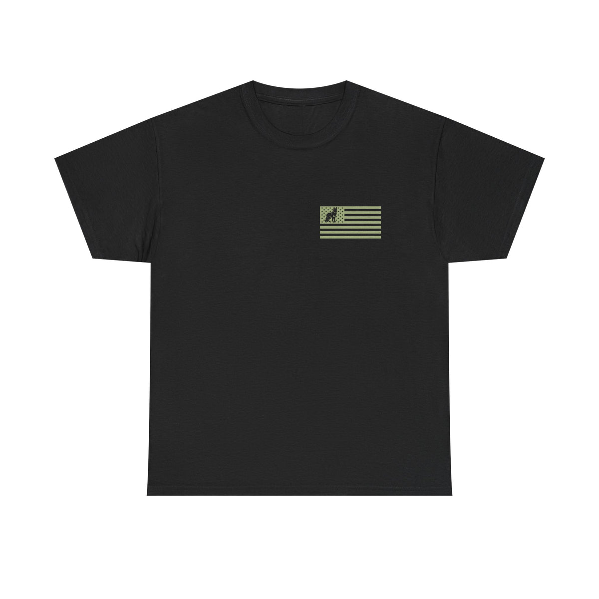 Black Shepherd Dad German Shepherd t-shirt with small olive flag chest print, front view