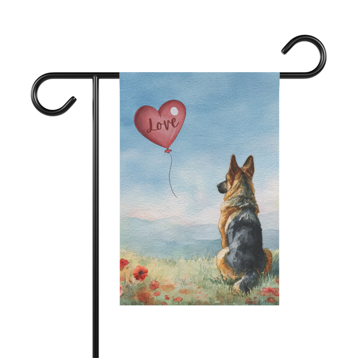 German Shepherd garden banner featuring a painted Shepherd sitting in a flower-filled field with a red LOVE heart balloon