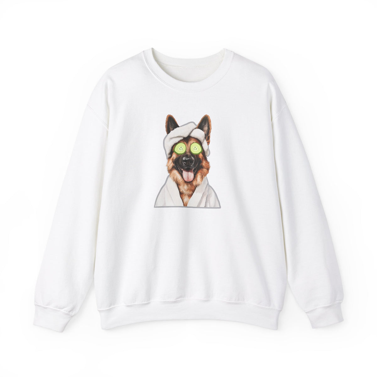 White Spa Time German Shepherd sweatshirt with relaxing dog graphic design