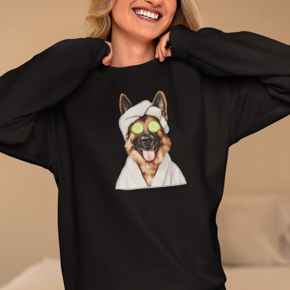 Woman wearing Spa Time German Shepherd sweatshirt