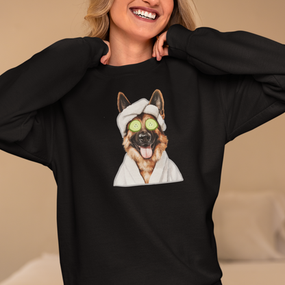Woman wearing Spa Time German Shepherd sweatshirt