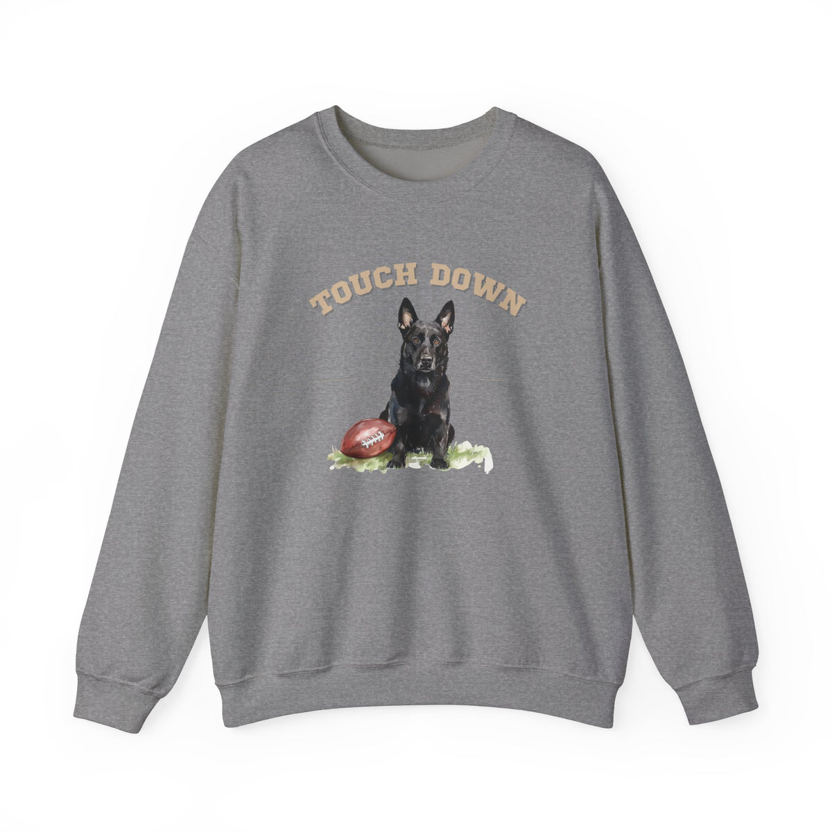 Gray Touchdown Football sweatshirt featuring a Black German Shepherd football design