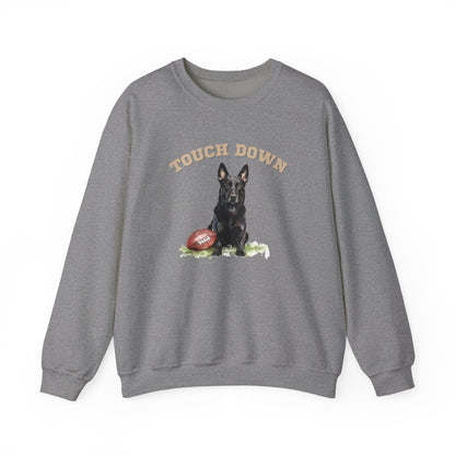 Gray Touchdown Football sweatshirt featuring a Black German Shepherd football design