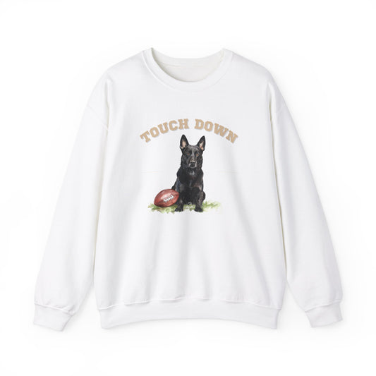 White Touchdown Football sweatshirt featuring a Black German Shepherd football design