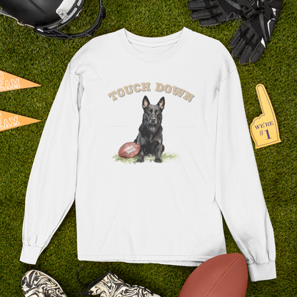 Touchdown Football Black German Shepherd sweatshirt featuring a football-themed German Shepherd design