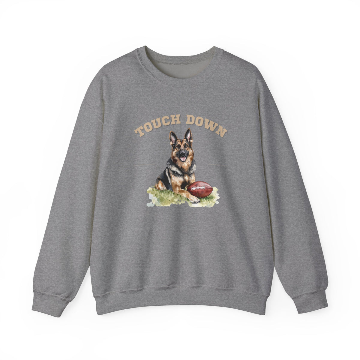 Gray Touchdown German Shepherd football sweatshirt with German Shepherd graphic