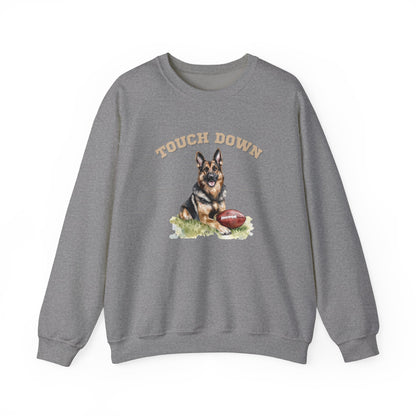 Gray Touchdown German Shepherd football sweatshirt with German Shepherd graphic