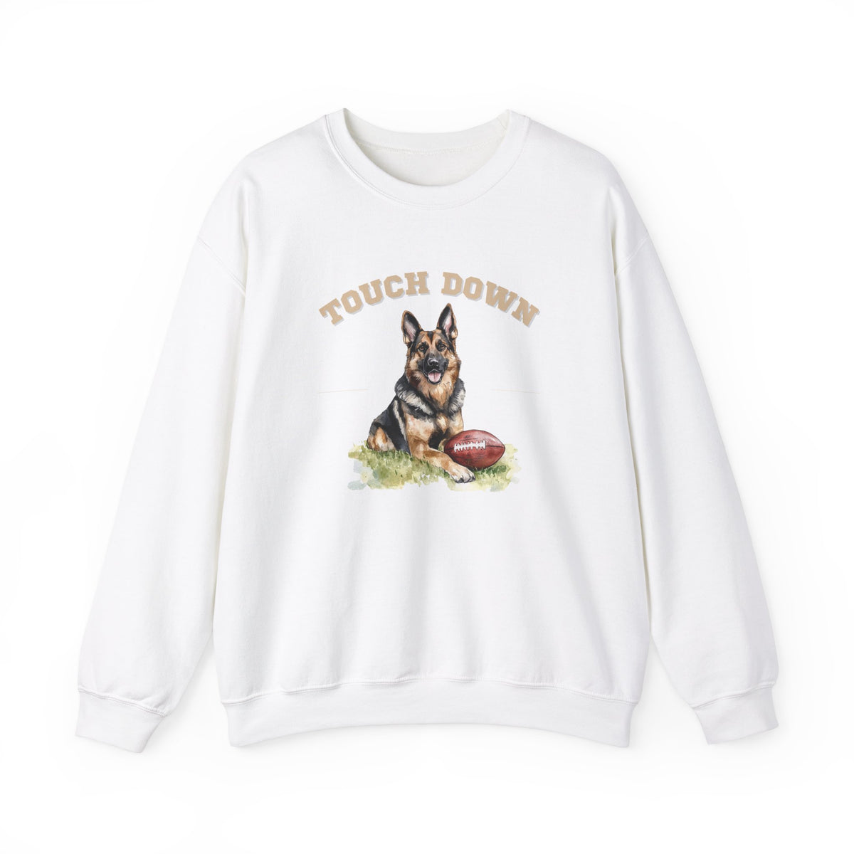 White Touchdown German Shepherd football sweatshirt with German Shepherd graphic