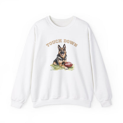 White Touchdown German Shepherd football sweatshirt with German Shepherd graphic