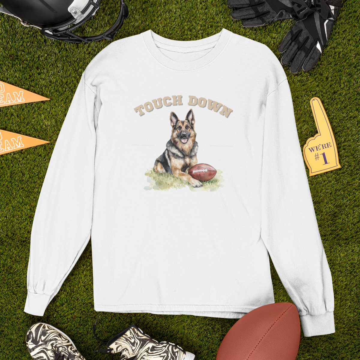 Touchdown German Shepherd football sweatshirt featuring a football-themed German Shepherd design