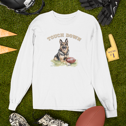 Touchdown German Shepherd football sweatshirt featuring a football-themed German Shepherd design