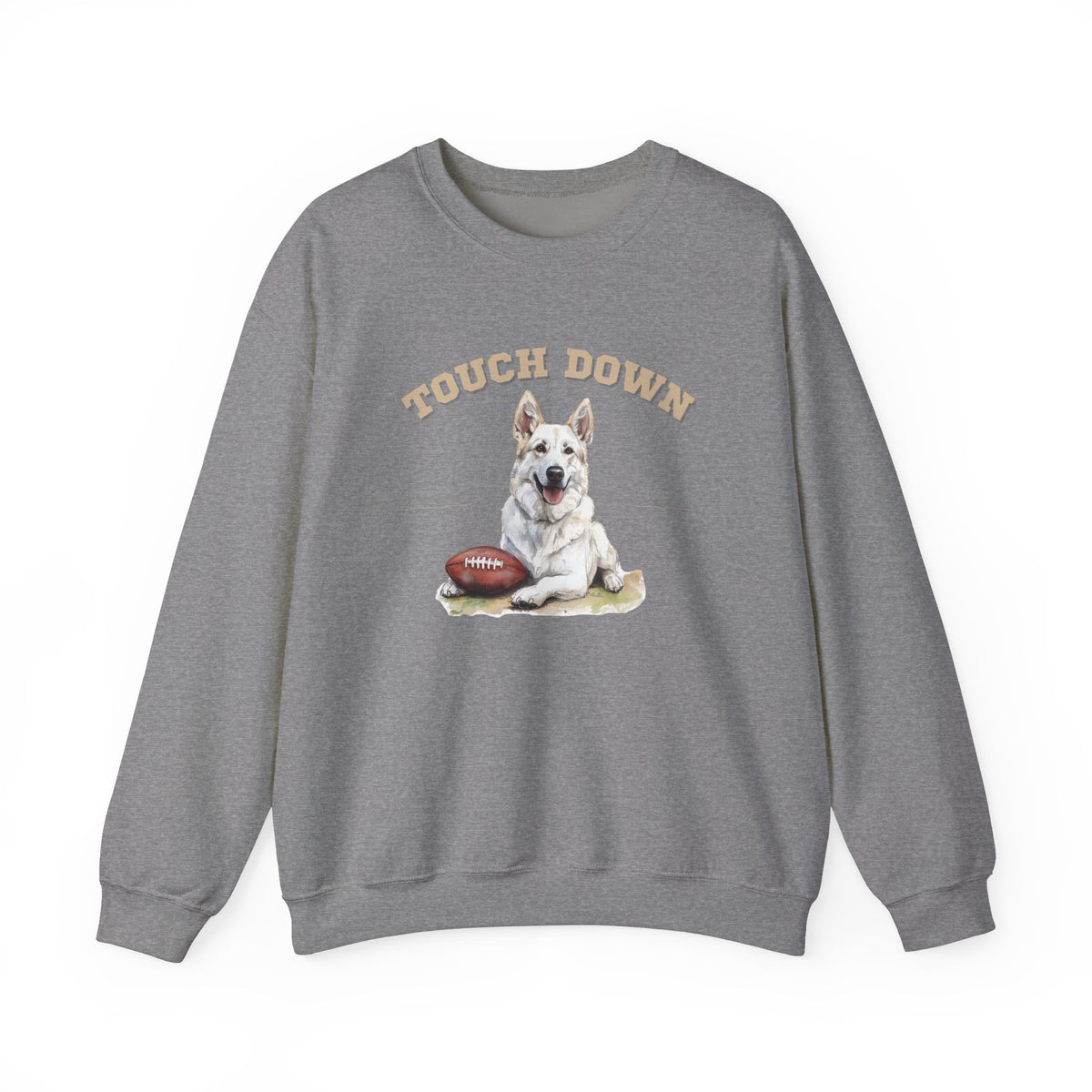 Gray Touchdown sweatshirt featuring a White German Shepherd football design
