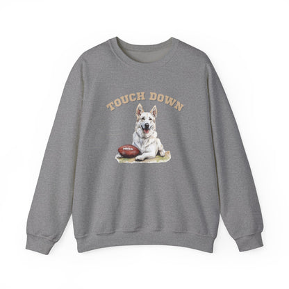 Gray Touchdown sweatshirt featuring a White German Shepherd football design