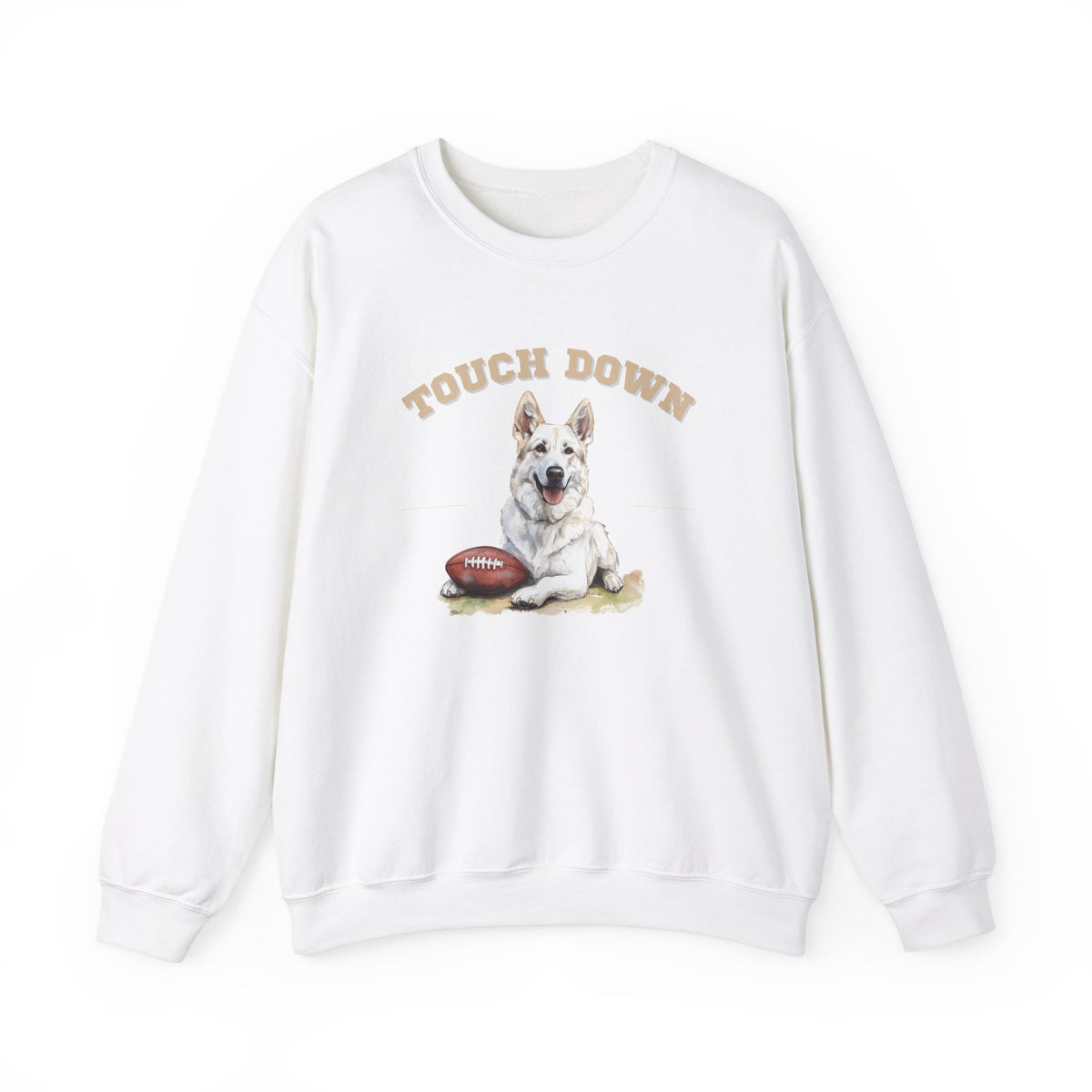 White Touchdown sweatshirt featuring a White German Shepherd football design