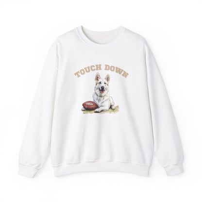 White Touchdown sweatshirt featuring a White German Shepherd football design