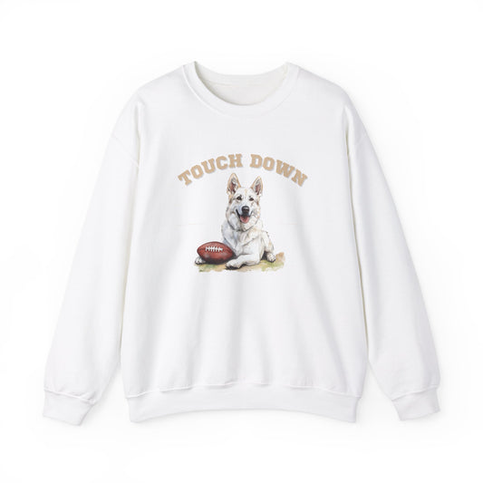 White Touchdown sweatshirt featuring a White German Shepherd football design