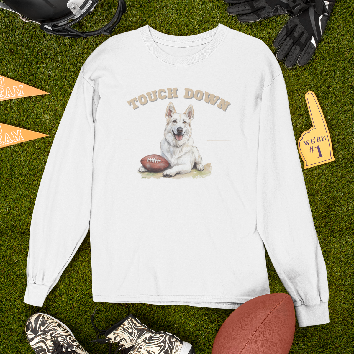 Touchdown White German Shepherd football sweatshirt featuring a football-themed German Shepherd design