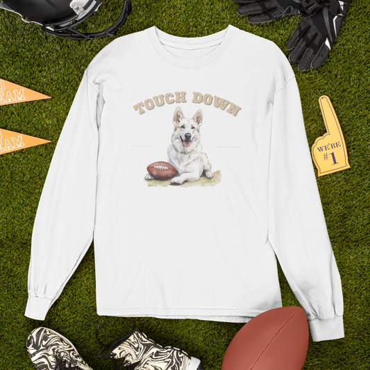 Touchdown White German Shepherd football sweatshirt featuring a football-themed German Shepherd design