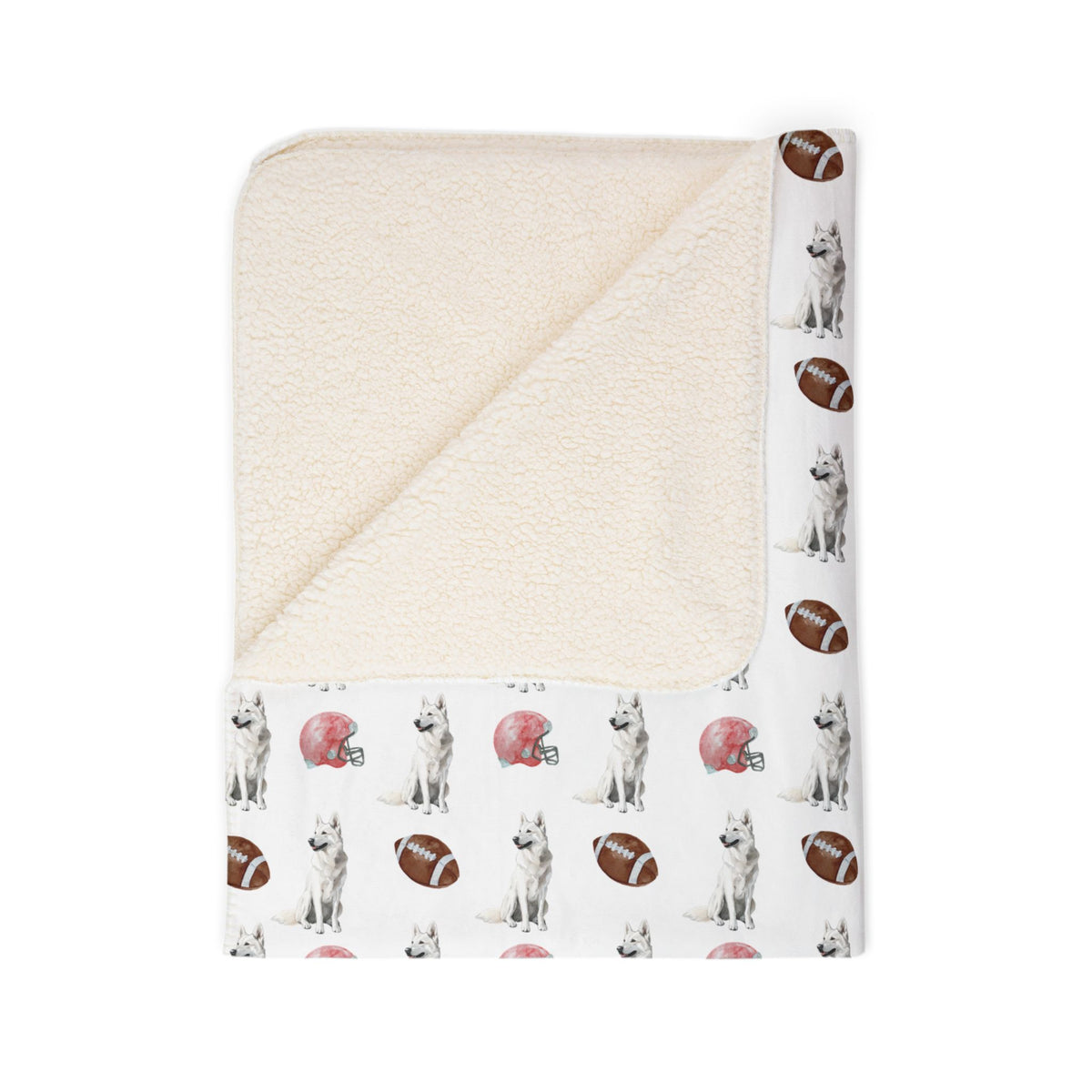 White German Shepherd football blanket folded showing beige  backing, fleece throw